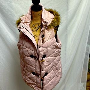Dusty pink long (bootie covering) vest with removable, faux fur trimmed hood.